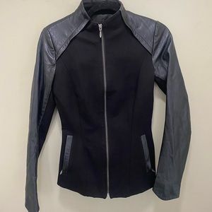 Danier Italian leather jacket black with fabric detailing.